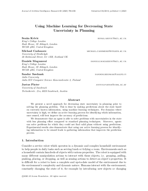 (PDF) Using Machine Learning for Decreasing State Uncertainty in Planning