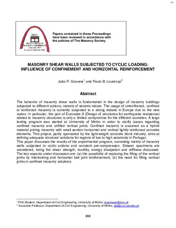 (PDF) Masonry shear walls subjected to cyclic loading: influence of ...