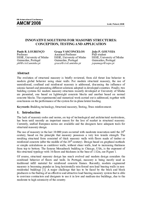 (PDF) Innovative solutions for masonry structures: Conception, testing ...