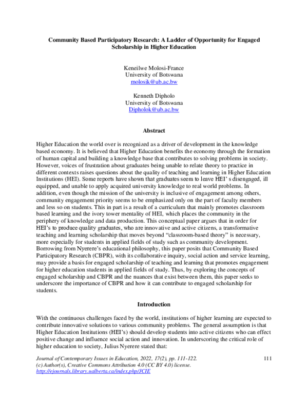 (PDF) Community Based Participatory Research: A Ladder of Opportunity ...