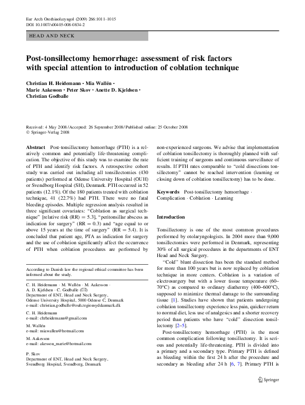 (PDF) Post-tonsillectomy hemorrhage: assessment of risk factors with ...