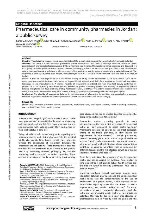 (PDF) Pharmaceutical care in community pharmacies in Jordan: a public ...