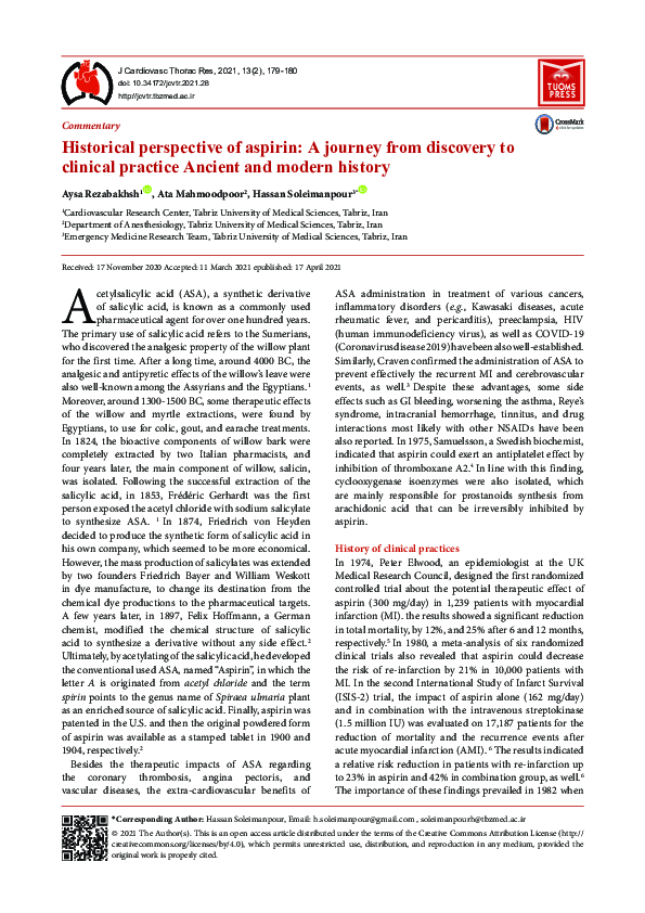 (PDF) Historical perspective of aspirin: A journey from discovery to ...