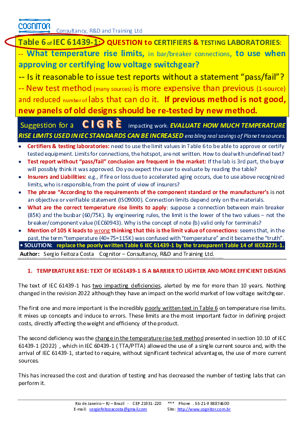 (PDF) Table 6 of IEC 61439-1: QUESTION to CERTIFIERS & TESTING ...