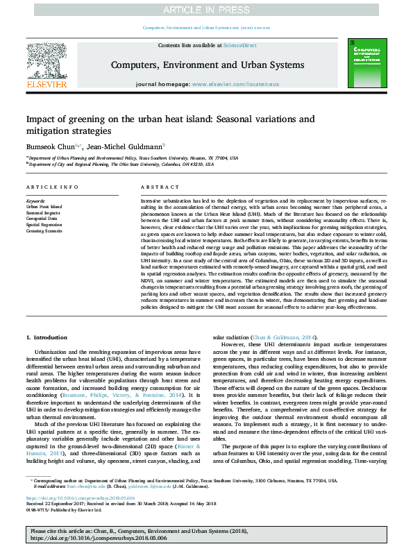 (PDF) Impact of greening on the urban heat island: Seasonal variations ...