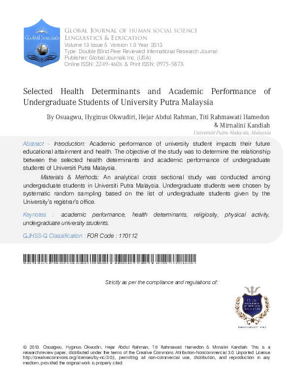 Pdf Selected Health Determinants And Academic Performance Pdf Selected Health Determinants And Academic Performance
