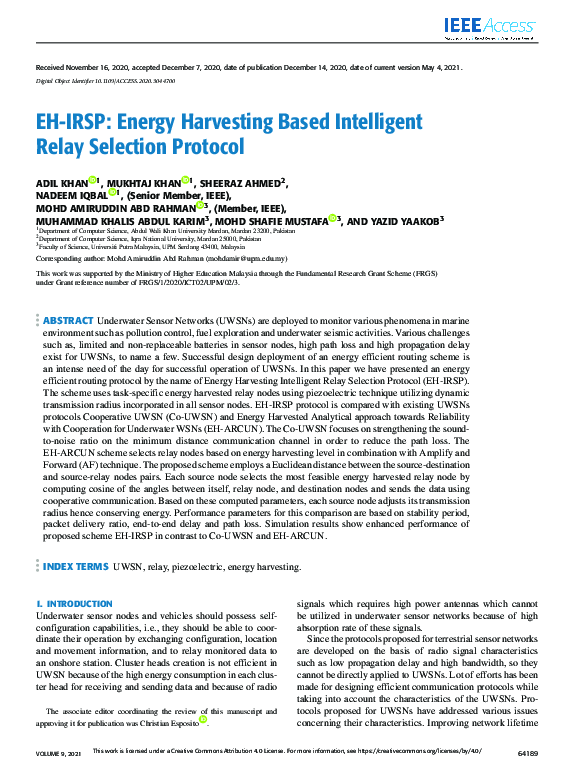 (PDF) EH-IRSP: Energy Harvesting Based Intelligent Relay Selection Protocol