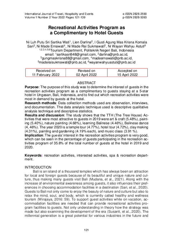 (PDF) Recreational Activities Program as a Complimentary to Hotel Guests