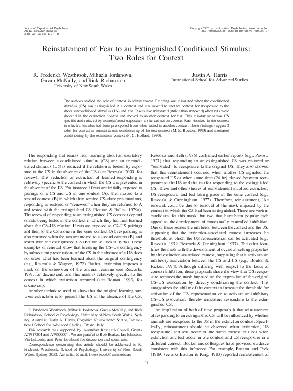 (PDF) Reinstatement of fear to an extinguished conditioned stimulus ...