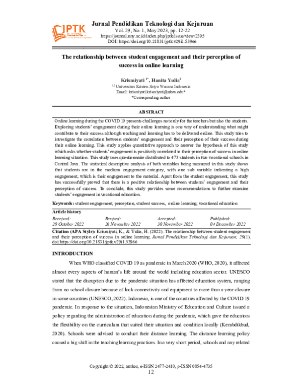 (PDF) The relationship between student engagement and their perception ...