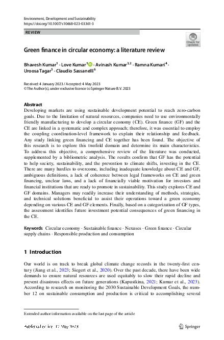 (PDF) Green finance in circular economy: a literature review