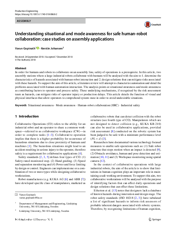 (PDF) Understanding situational and mode awareness for safe human-robot ...