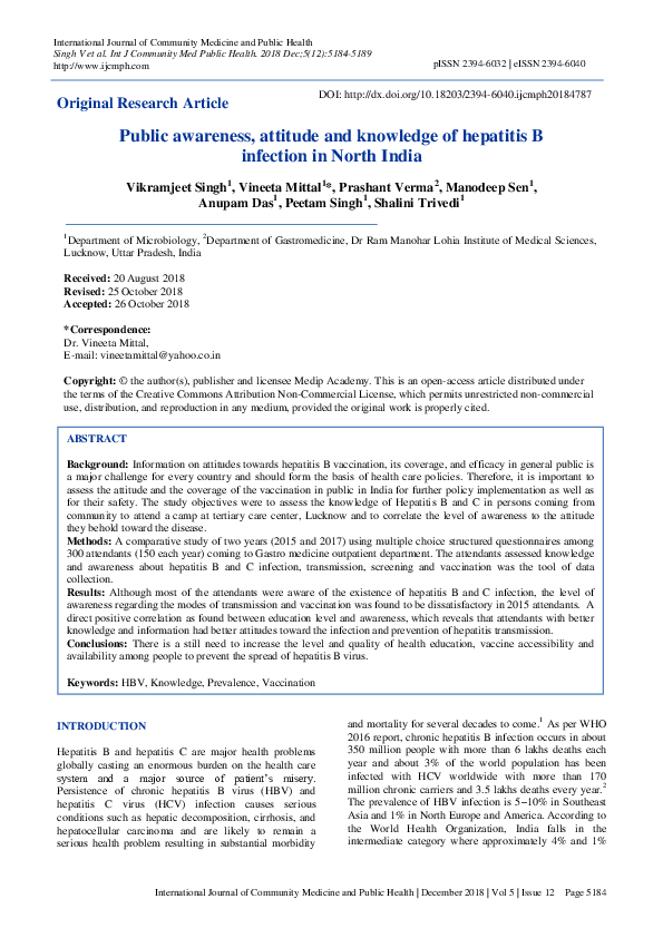 (PDF) Public awareness, attitude and knowledge of hepatitis B infection ...