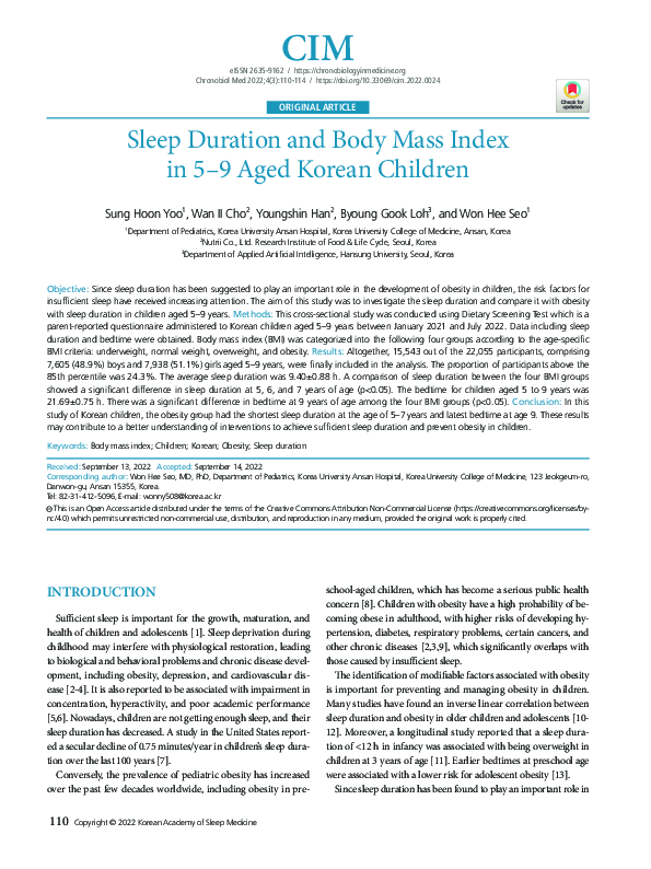 (PDF) Sleep Duration and Body Mass Index in 5–9 Aged Korean Children