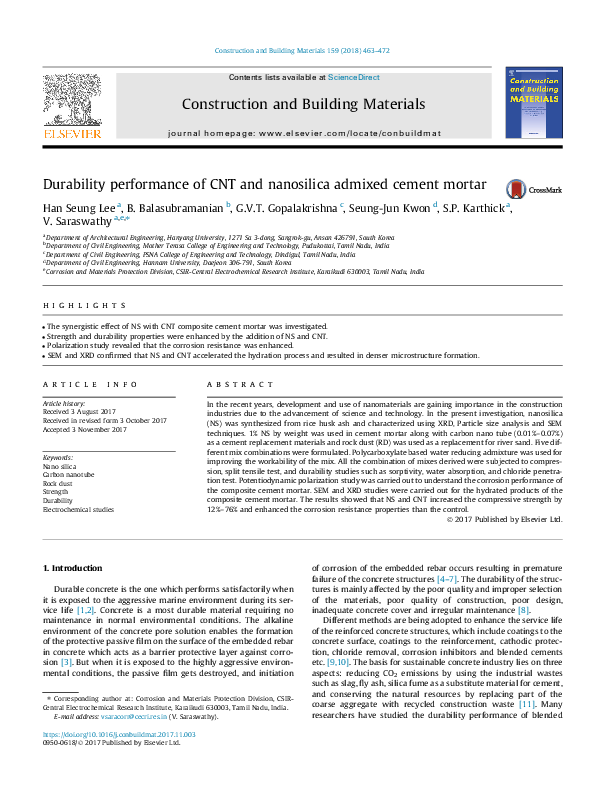 (PDF) Durability performance of CNT and nanosilica admixed cement mortar
