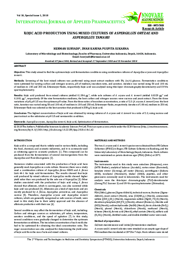 (PDF) KOJIC ACID PRODUCTION USING MIXED CULTURES OF ASPERGILLUS ORYZAE ...