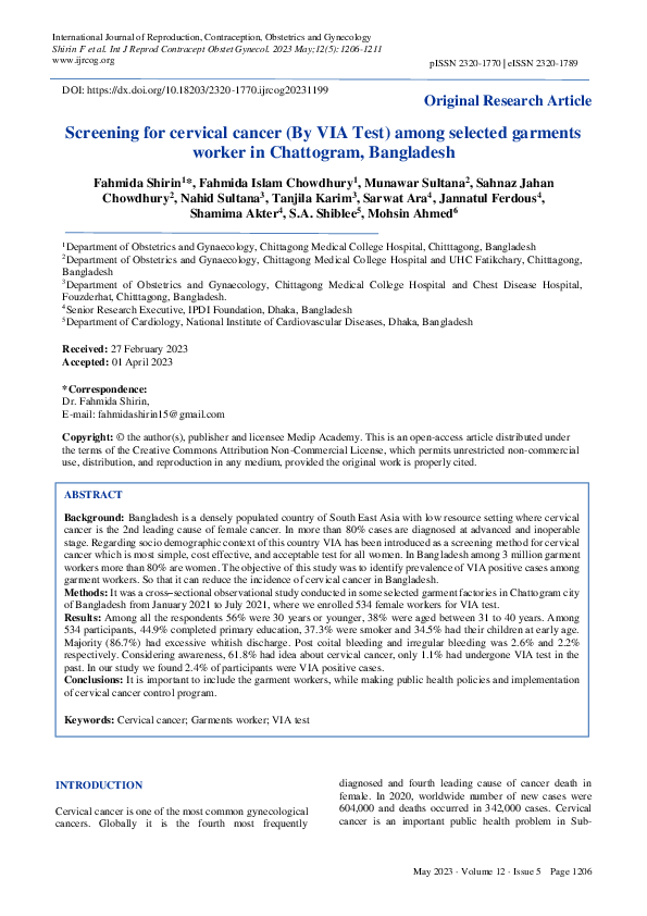 (PDF) Screening for cervical cancer (By VIA Test) among selected ...