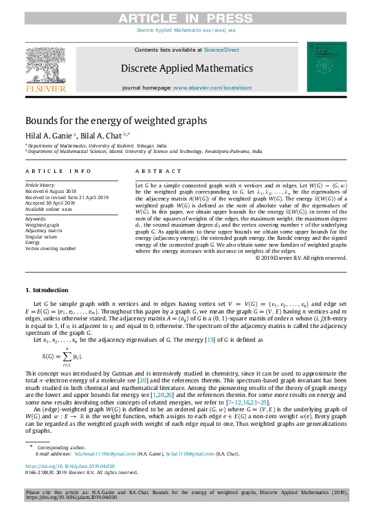 (PDF) Bounds for the energy of weighted graphs