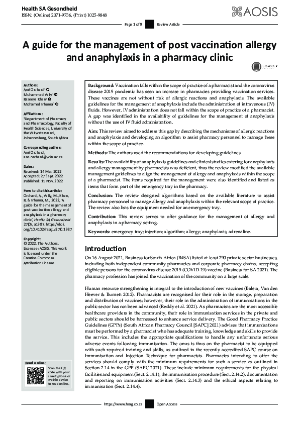 (PDF) A guide for the management of post vaccination allergy and ...