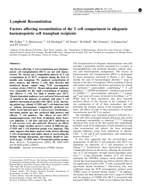 (PDF) Factors affecting reconstitution of the T cell compartment in ...