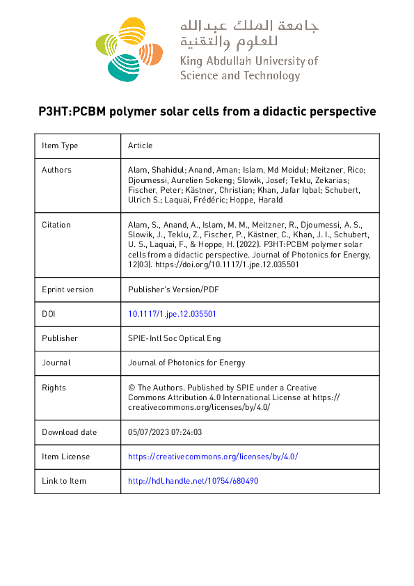 (PDF) P3ht:Pcbm Polymer Solar Cells from a Didactic Perspective