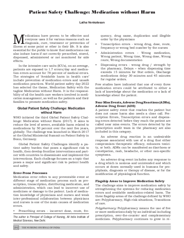 (PDF) Patient Safety Challenge: Medication without Harm