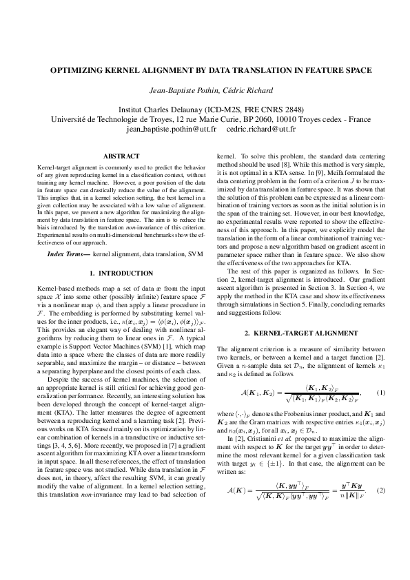 (PDF) Optimizing kernel alignment by data translation in feature space