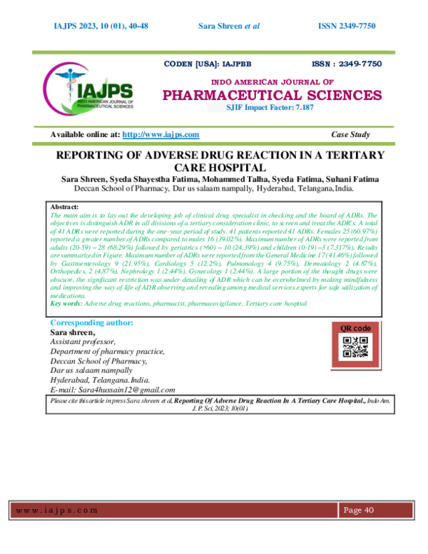 (PDF) Reporting of Adverse Drug Reaction in a Teritary Care Hospital