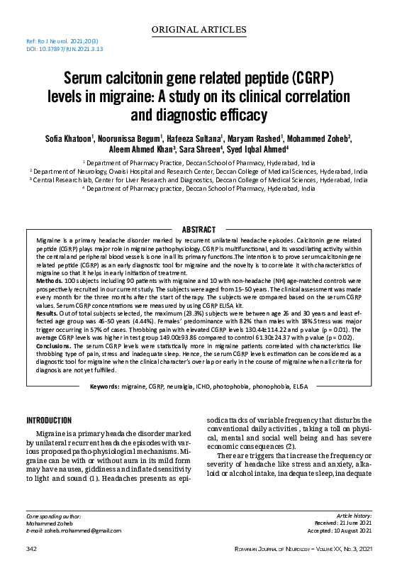(PDF) Serum calcitonin gene related peptide (CGRP) levels in migraine ...