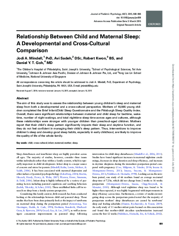 (PDF) Relationship Between Child and Maternal Sleep: A Developmental ...