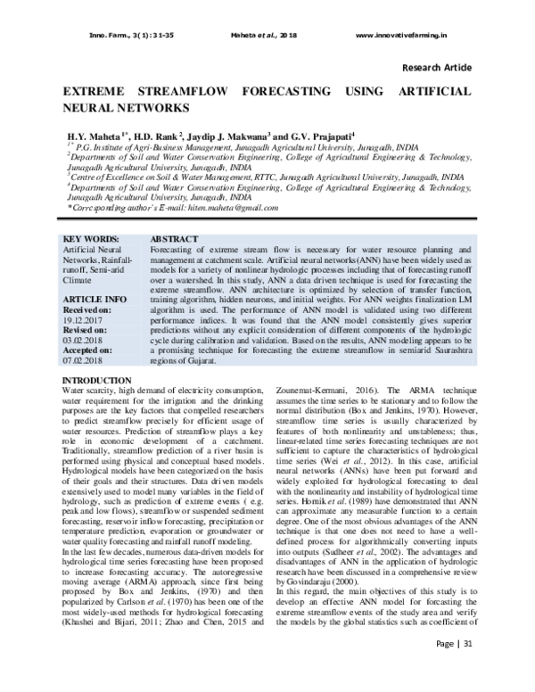 (PDF) EXTREME STREAMFLOW FORECASTING USING ARTIFICIAL NEURAL NETWORKS