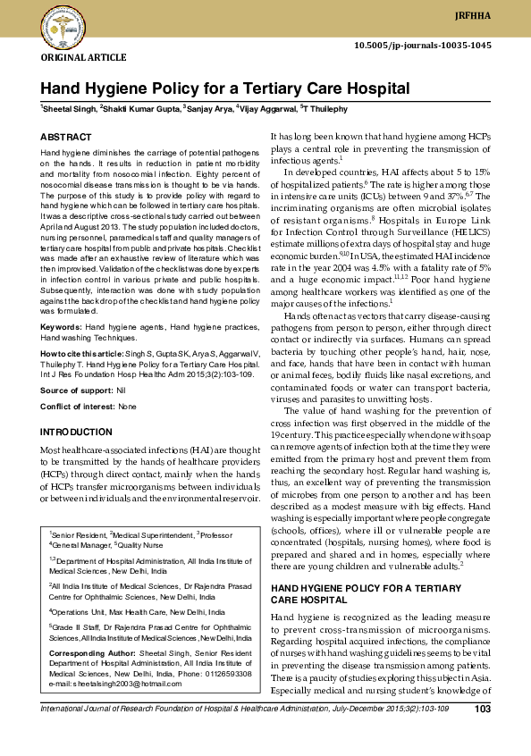 (PDF) Hand Hygiene Policy for a Tertiary Care Hospital
