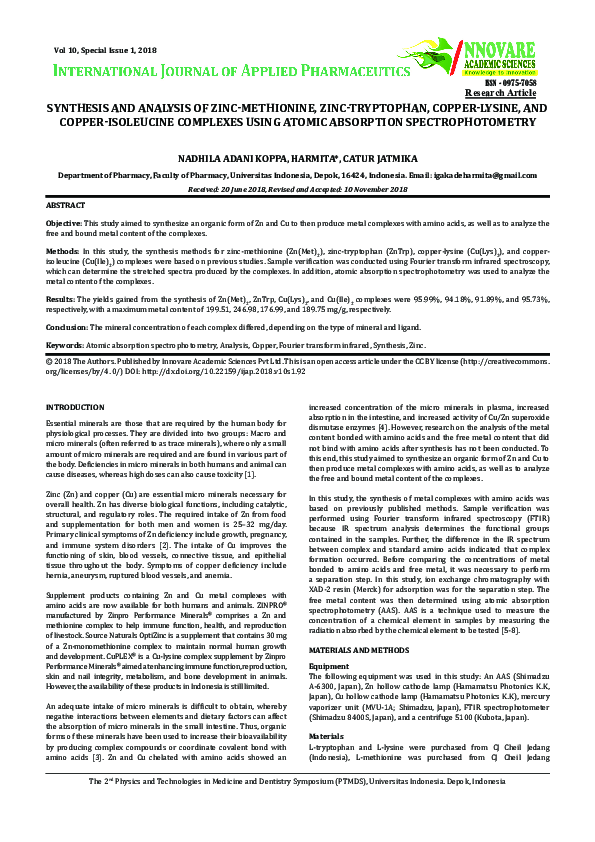 (PDF) SYNTHESIS AND ANALYSIS OF ZINCMETHIONINE, ZINCTRYPTOPHAN