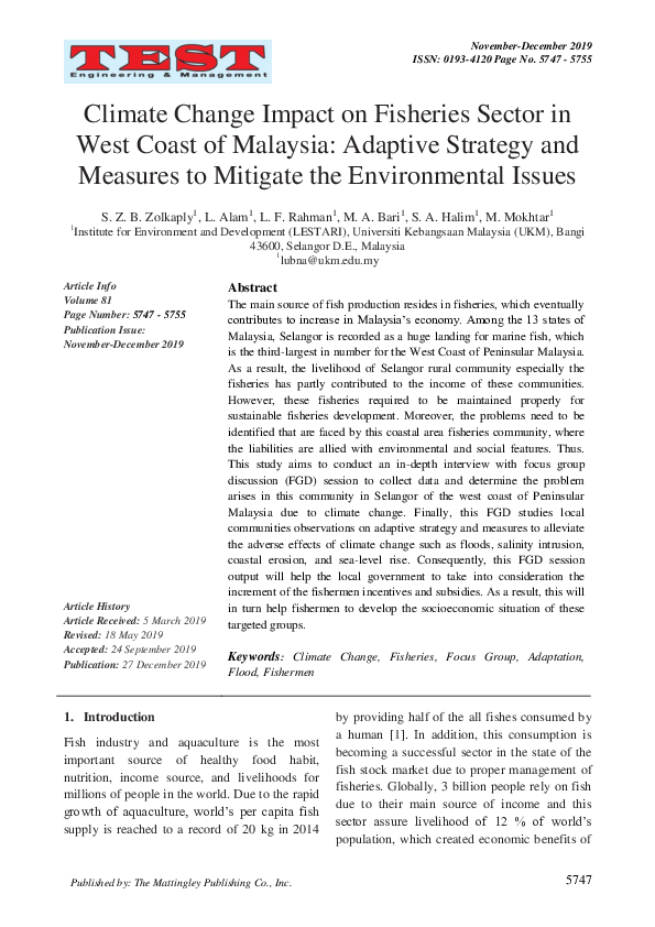 (PDF) Climate Change Impact on Fisheries Sector in West Coast of ...