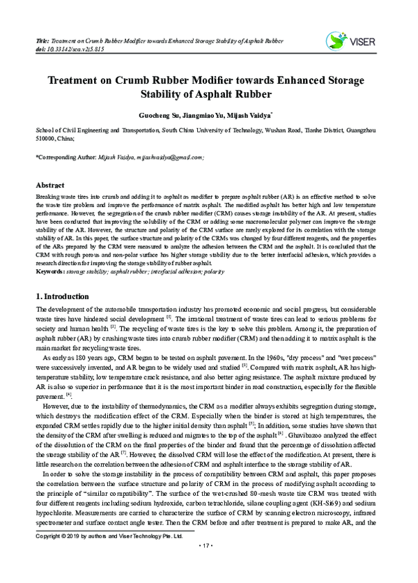 Treatment on Crumb Rubber Modifier towards Enhanced Storage Stability of Asphalt Rubber