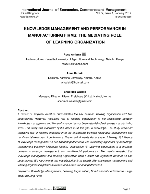(PDF) Knowledge management and performance in Manufacturing firms: the ...