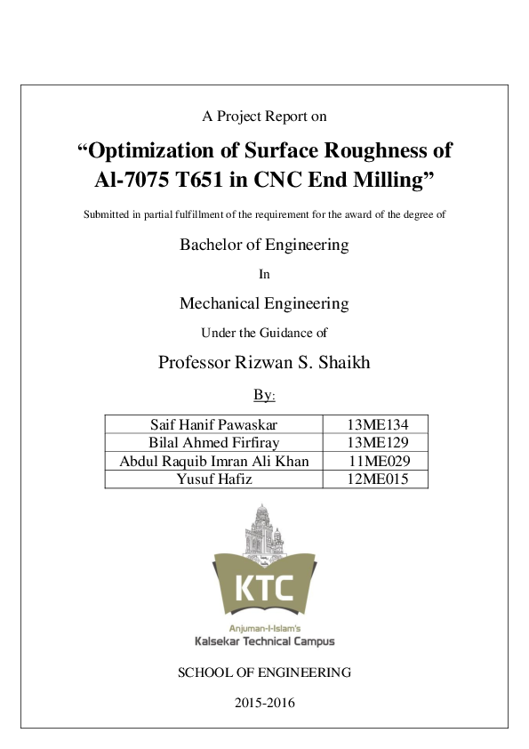 (PDF) Optimization of surface roughness of A1-7075 T6 in CNC end milling