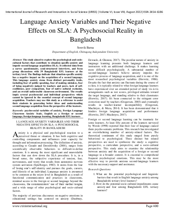(PDF) Language Anxiety Variables and Their Negative Effects on SLA: A ...