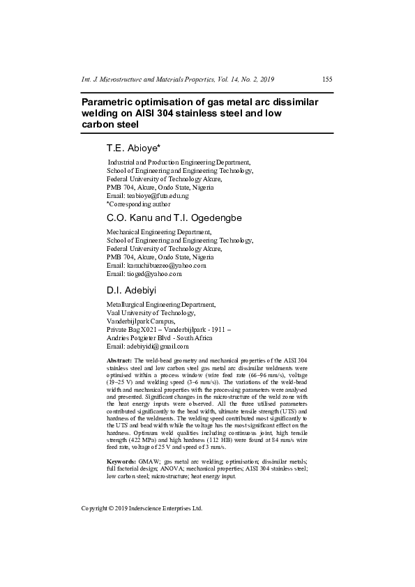 (PDF) Parametric optimisation of gas metal arc dissimilar welding on ...
