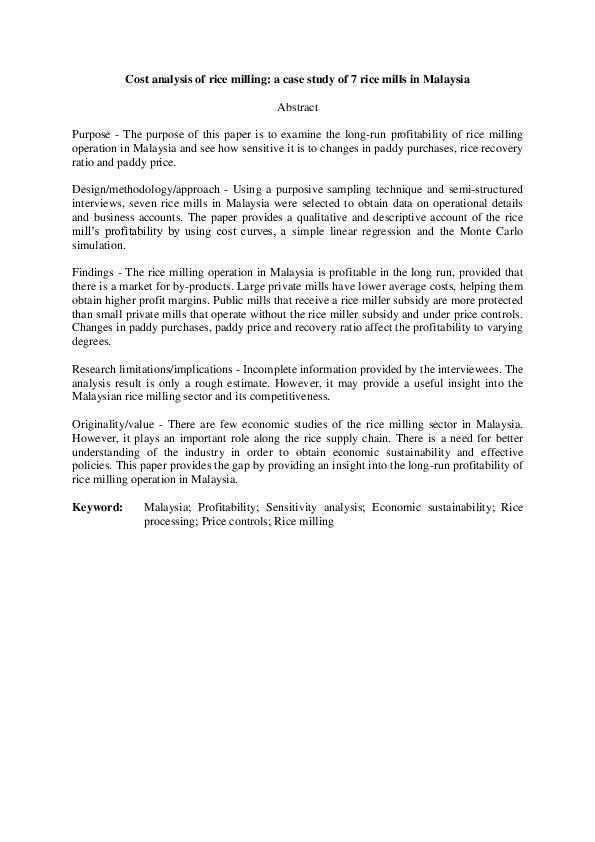 (PDF) Cost analysis of rice milling a case study of 7 rice mills in