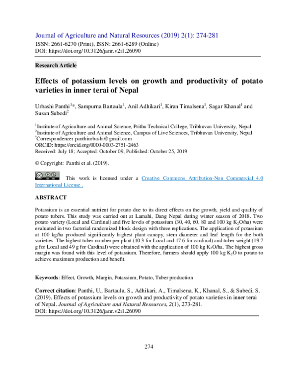 (PDF) Effects of potassium levels on growth and productivity of potato ...