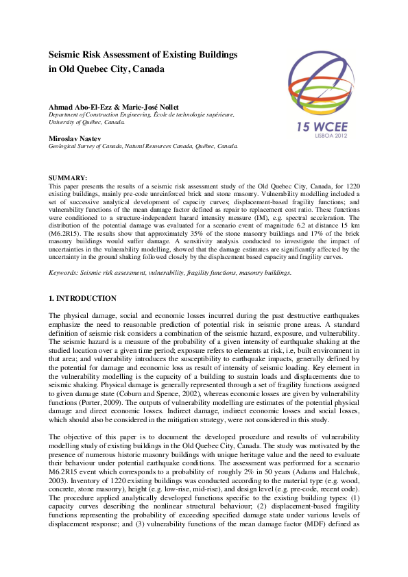 (PDF) Seismic risk assessment of existing buildings in Old Quebec City ...