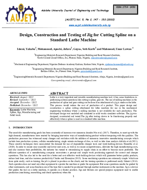 (PDF) Design, Construction and Testing of Jig for Cutting Spline on a ...