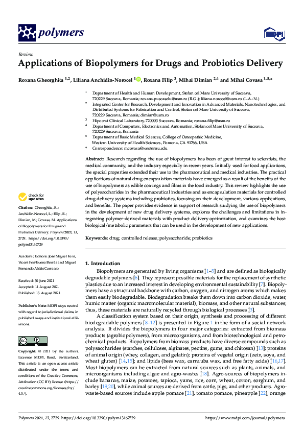 (PDF) Applications of Biopolymers for Drugs and Probiotics Delivery