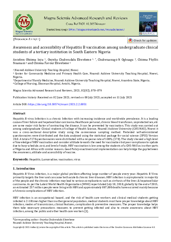 (PDF) Awareness and accessibility of Hepatitis B vaccination among ...