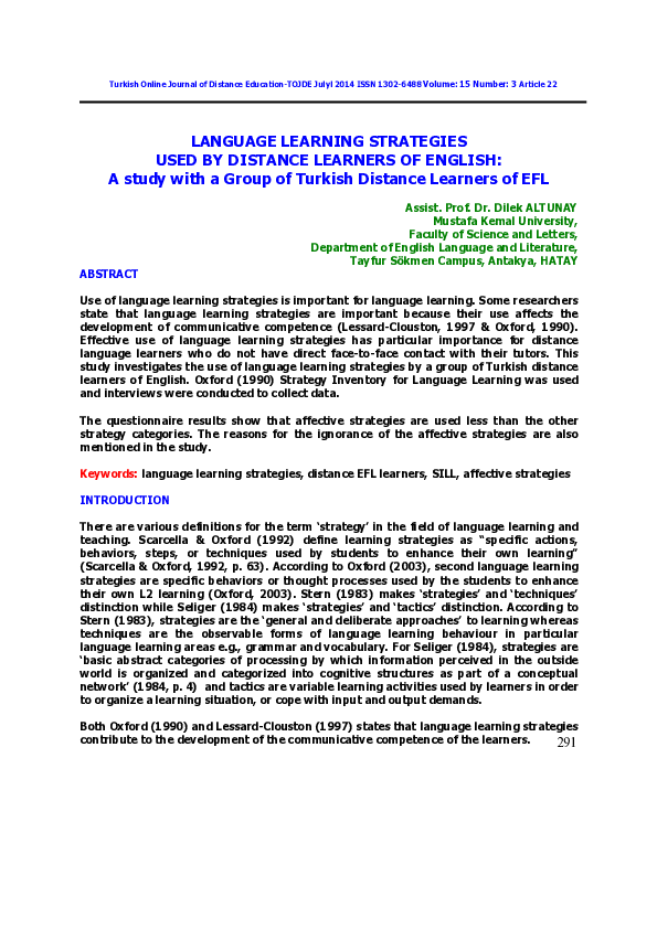 (PDF) Language Learning Strategies Used By Distance Learners Of English ...