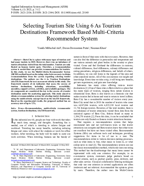 (PDF) Selecting Tourism Site Using 6 As Tourism Destinations Framework ...