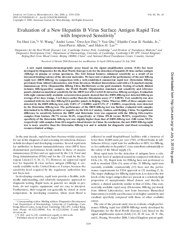 (PDF) Evaluation of a New Hepatitis B Virus Surface Antigen Rapid Test ...