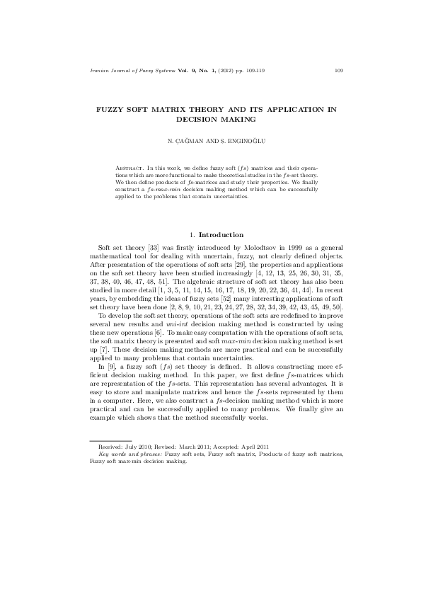 (PDF) Fuzzy Soft Matrix Theory and Its Application in Decision Making