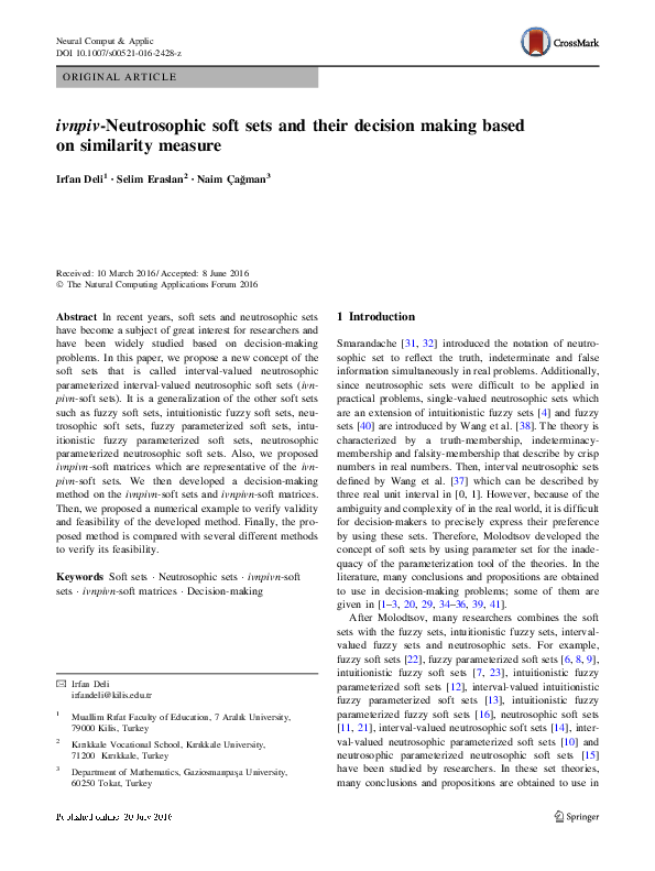 (PDF) ivnpiv-Neutrosophic soft sets and their decision making based on ...